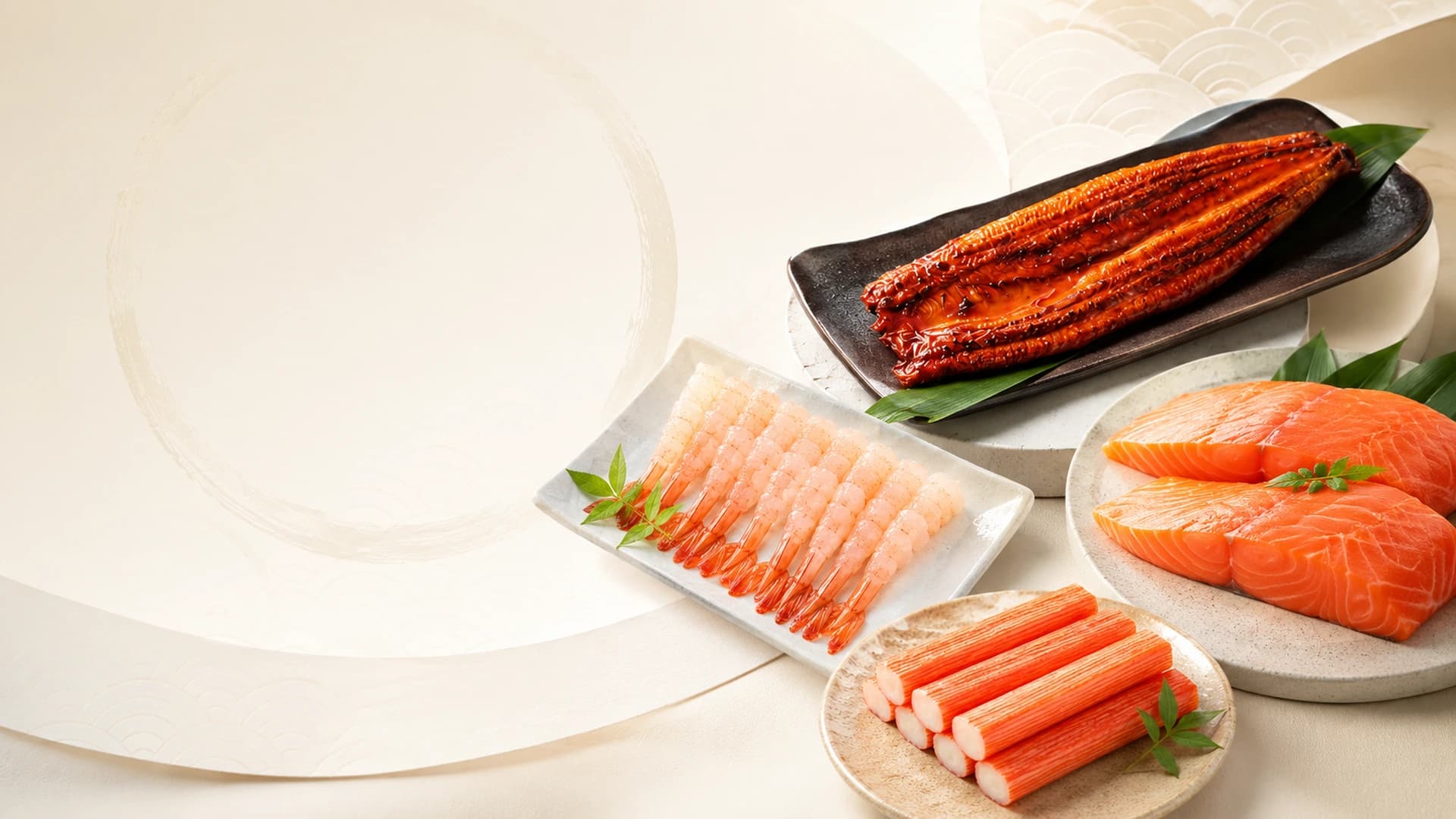 Lươn nướng, tôm sushi, fillet cá hồi và thanh cua