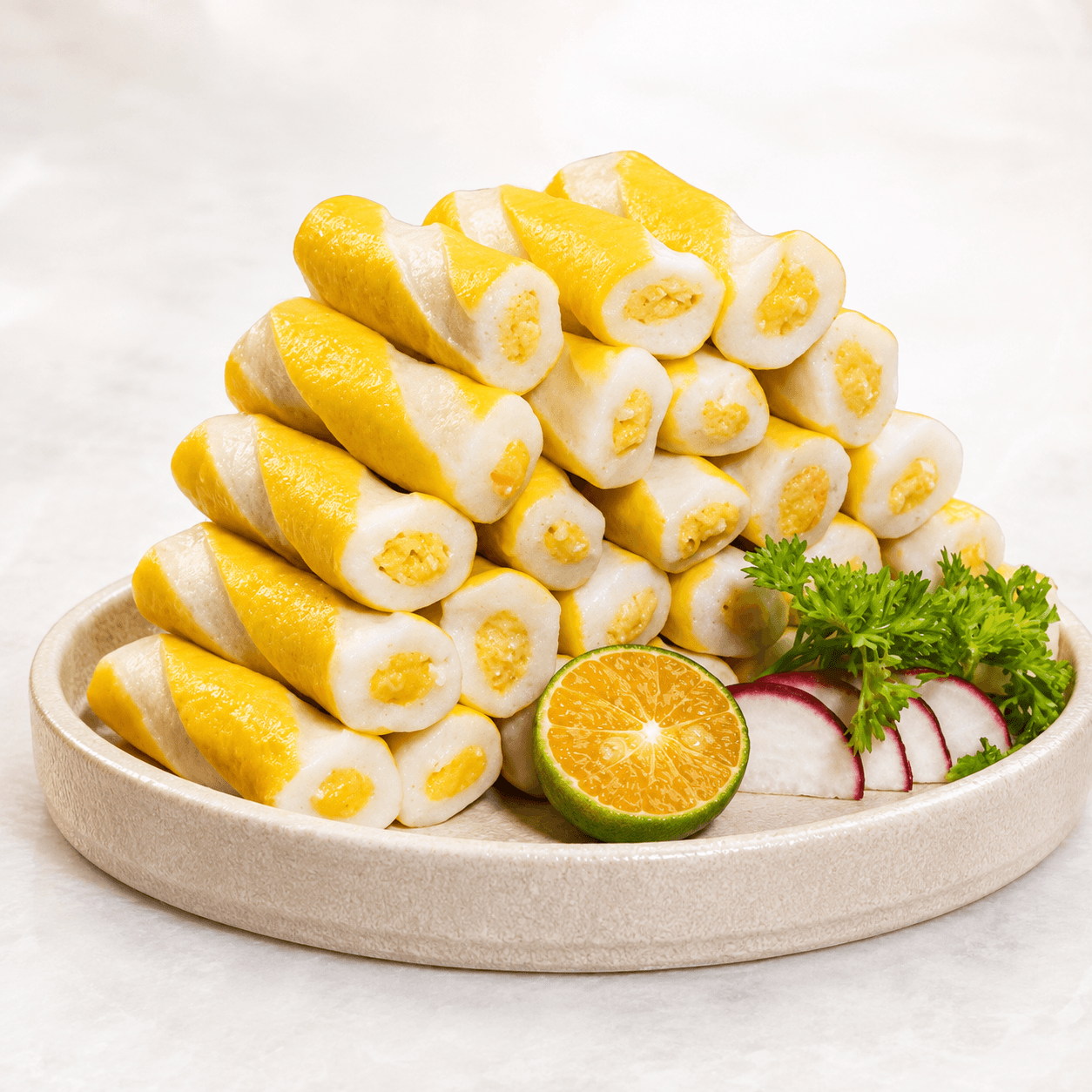 Chả Cuộn Trứng Cá Mainichi với lớp surimi màu vàng trắng và nhân trứng cá
